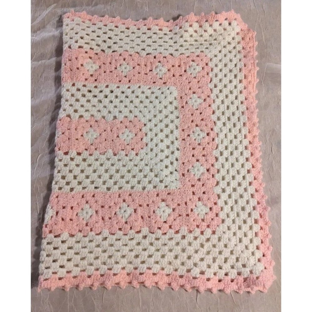 Vtg Handmade Crochet Baby Blanket Pink Throw Knit Afghan Newborn Granny Squares